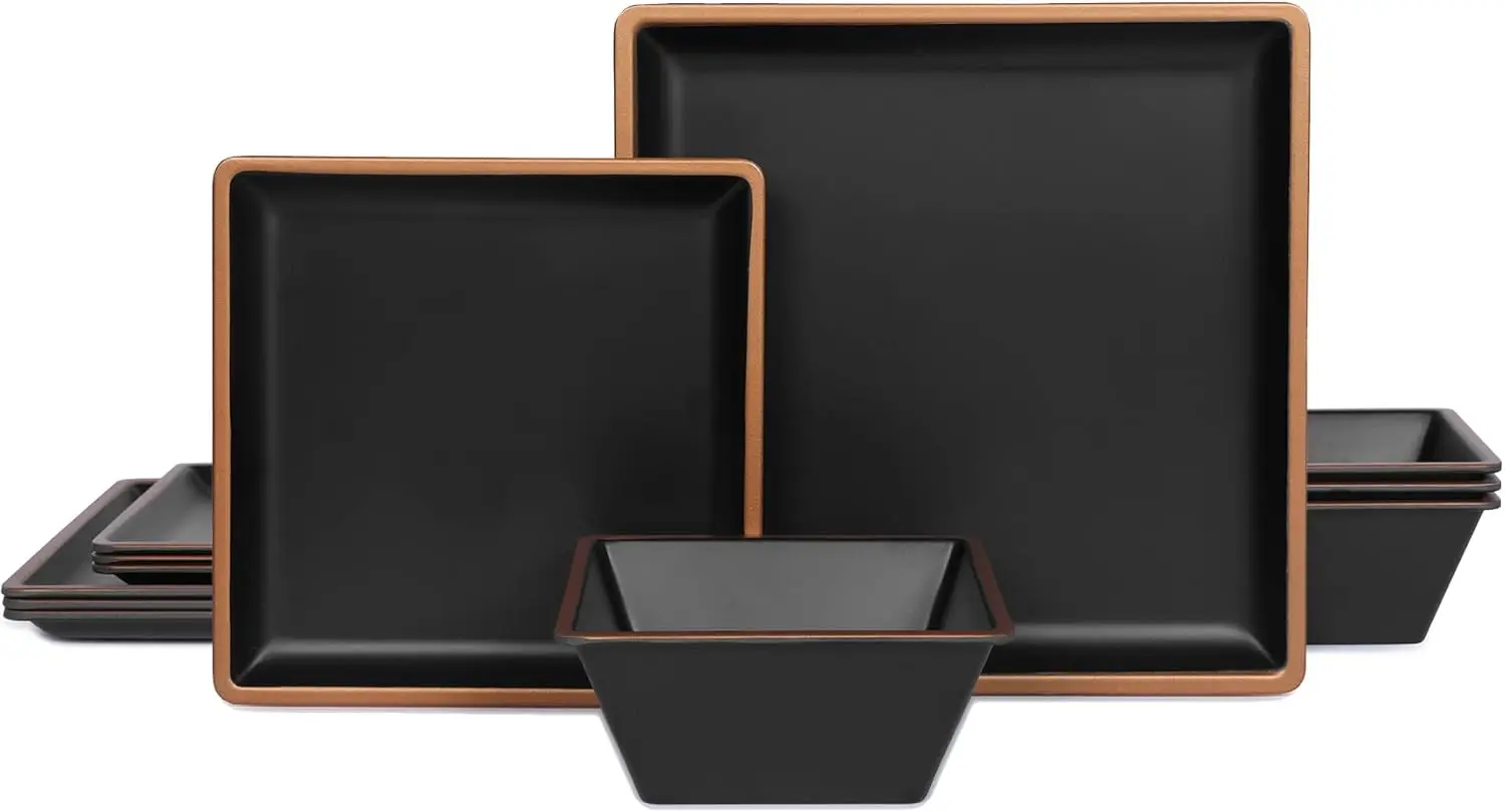 

Melamine Dinnerware Sets Service for 4, Square Dinner Plates and Bowls Set,12-Piece Set Non-breakable
