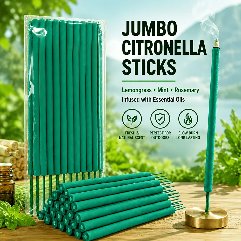 Large Outdoor Lemongrass Incense Sticks, 27cm Mint Rosemary Herbal Scent, Slow‑Burning 1.5‑2H for Camping Picnic Terrace Dinners