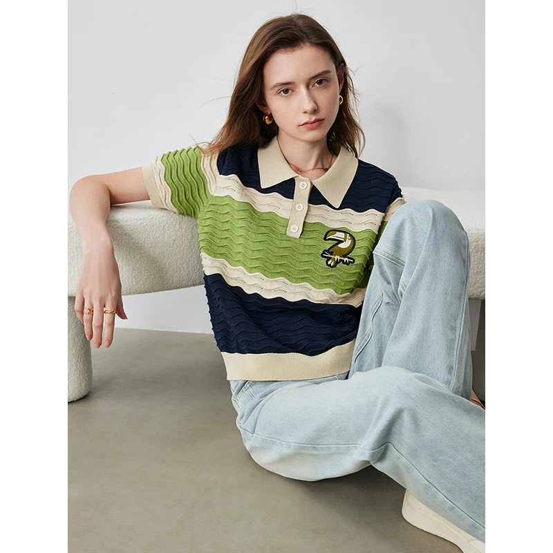 TOYOUTH Women Short sleeved Knitted Shirt 2024 Summer New Ice Silk Contrast Color Striped Turn Down Collar Pullover Casual Top