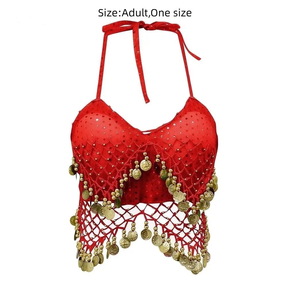 Charming Shiny Belly Dance Bra Halter Neck Tassel Stage Performance Top Dance Wear Sleeveless Sequins Crop Top Stage