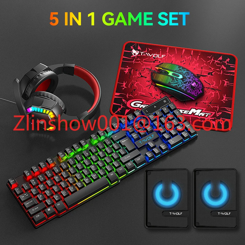 TF880 5IN1 Wired Gaming Keyboard Mouse Mousepad Headset Headphones