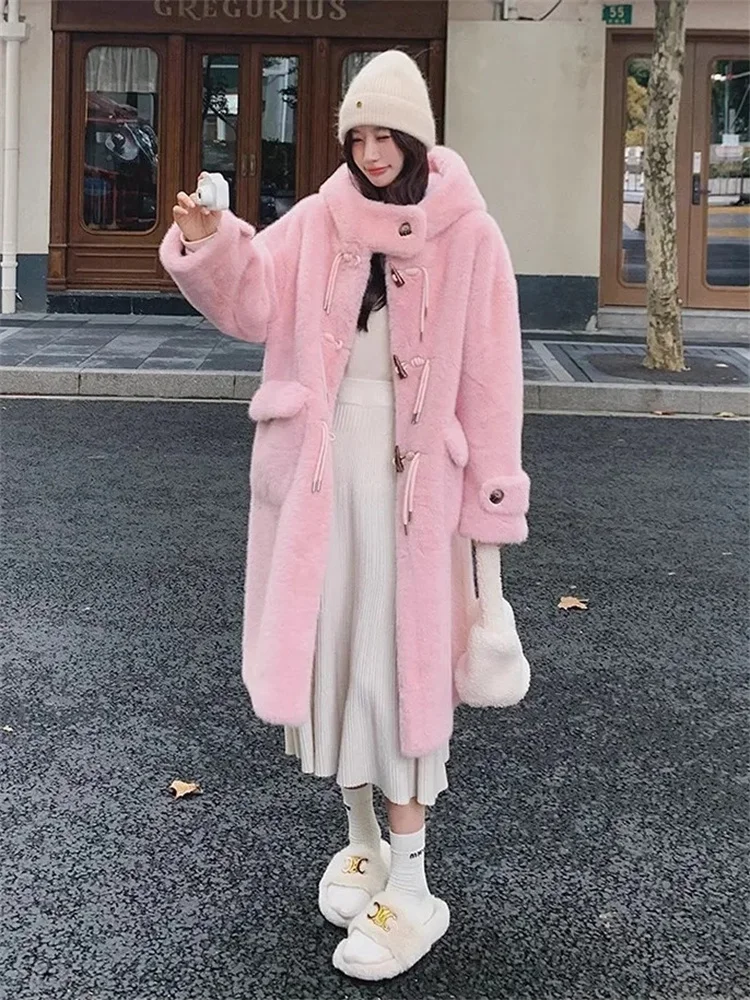 Lamb Fur Grass Coat Women Winter 2024 With Thick Fleece Warm Cow Horn Buckle Hooded Long Sleeves Long Design Cute and Versatile