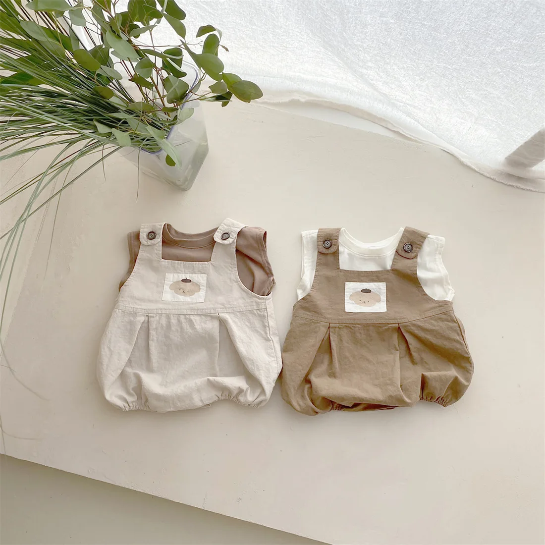 

Korean Summer Fashion Baby Boy Overalls Bodysuit Suspender Pants Sleeveless Solid Strapped Cotton Loose Detachable Romper