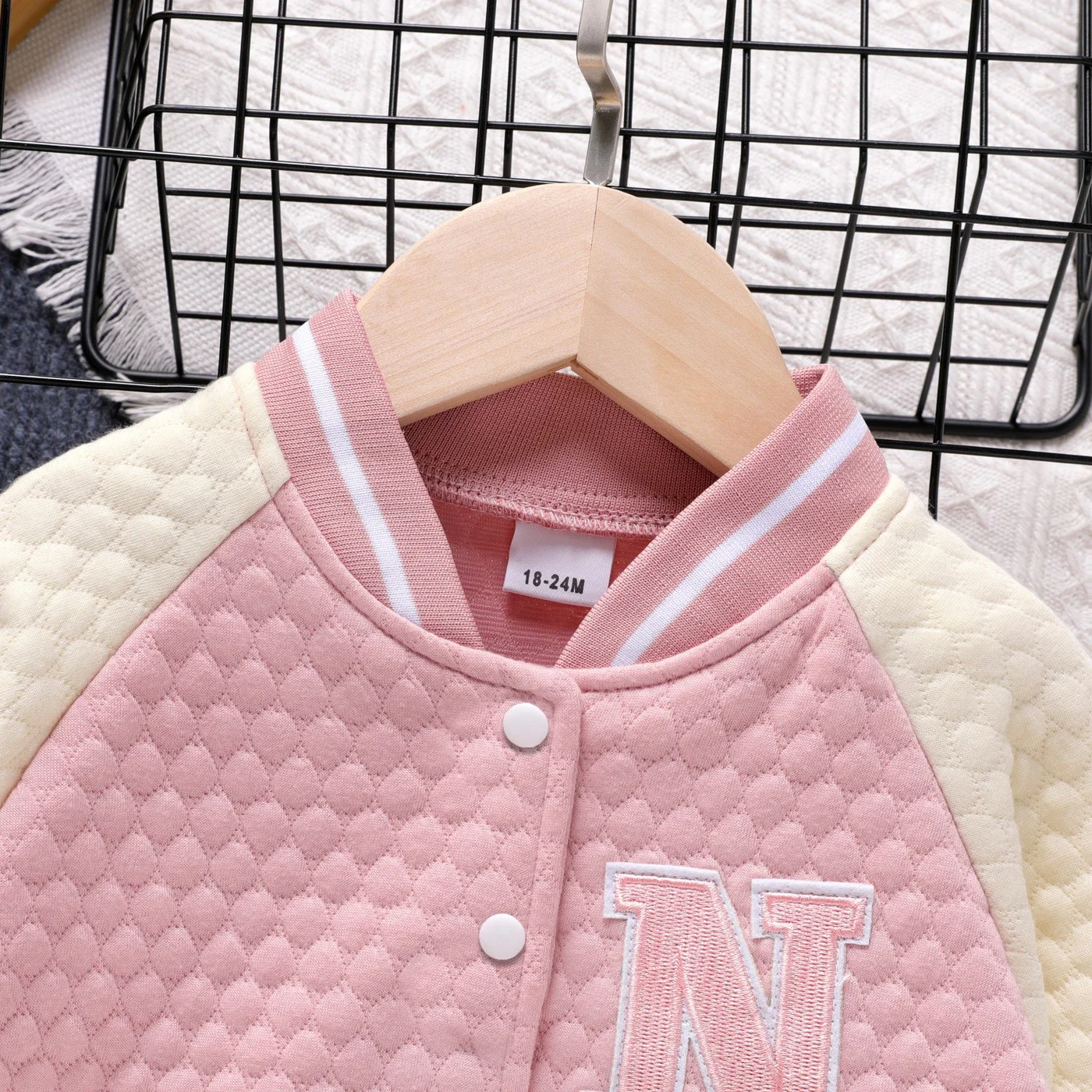 PatPat Toddler Girl 100% Cotton Letter Embroidered Textured Striped Button Design Bomber Jacket Soft and Comfortable