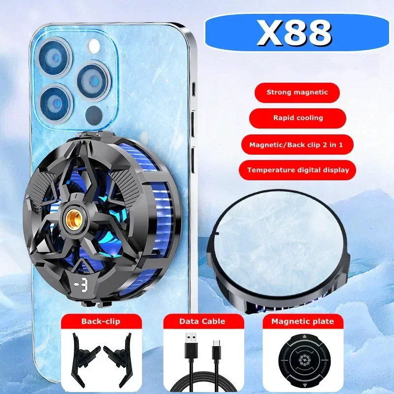 X88 Mobile Phone 3 Gears Silent Semiconductor Cooling Radiator Magnetic/ Back-clip PUBG Game Cooler for IPhone Android Universal