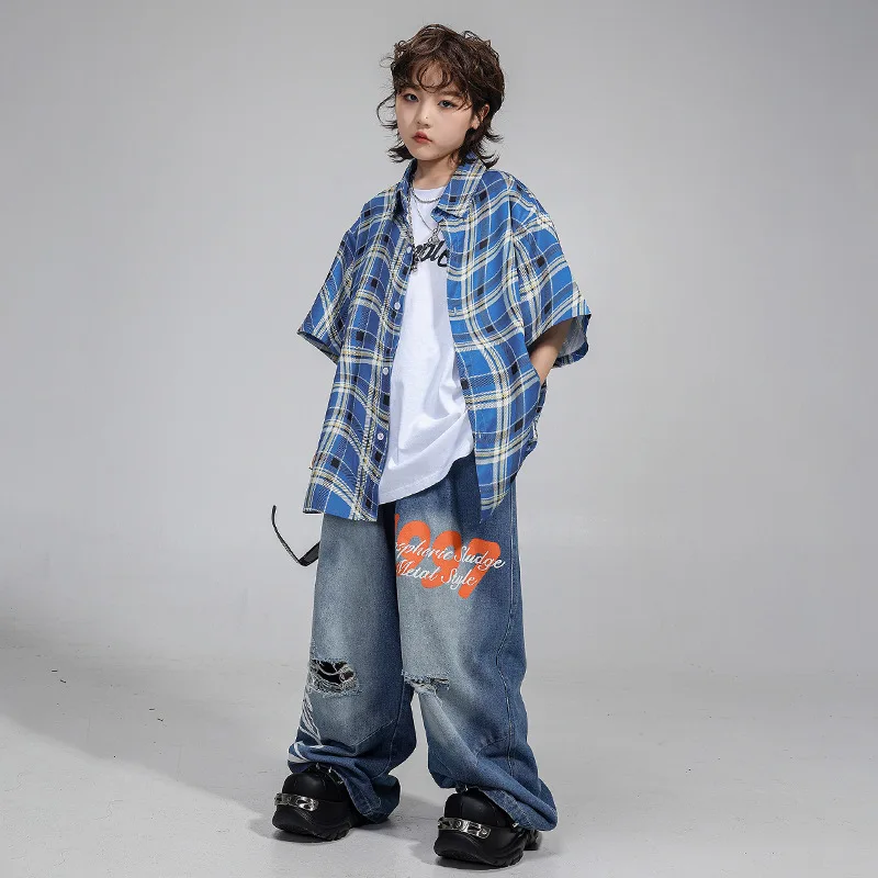 Meninos trajes de dança hip hop azul xadrez camisa calças jeans moderno jazz kpop palco desempenho conjuntos roupas adolescente street wear