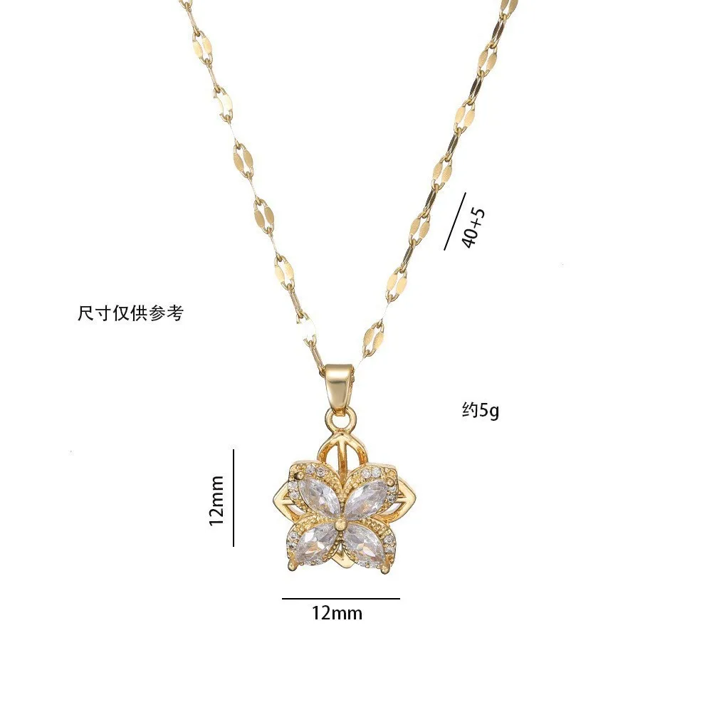 回転する四つ葉の花とジルコンセッティングを備えた女性用ネックレス、女性用ネックレスリング、鎖骨チェーン