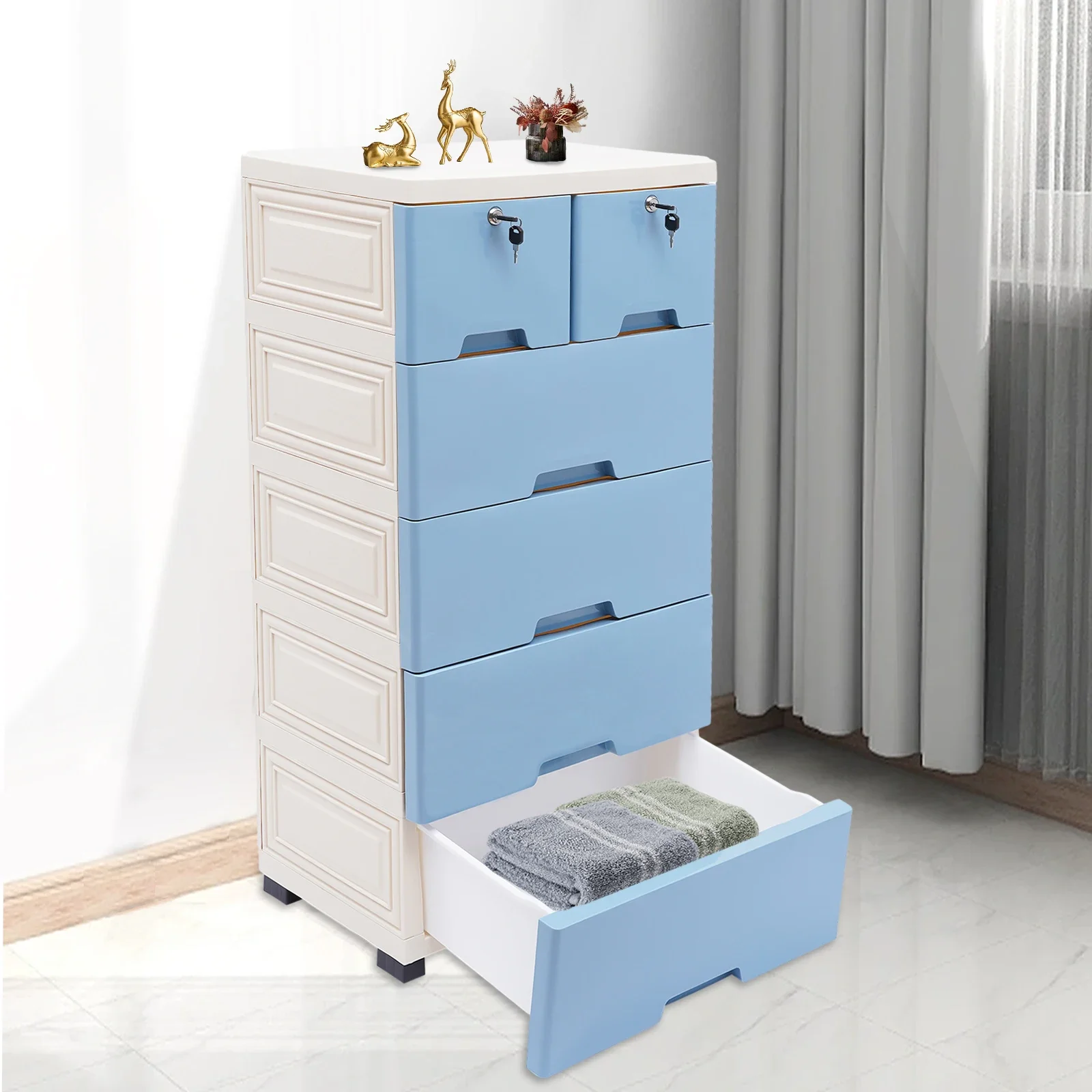

Clothes Storage Cabinet with 6 Drawers and Lock & Keys, Dresser Organizer, 4 Wheels Blue