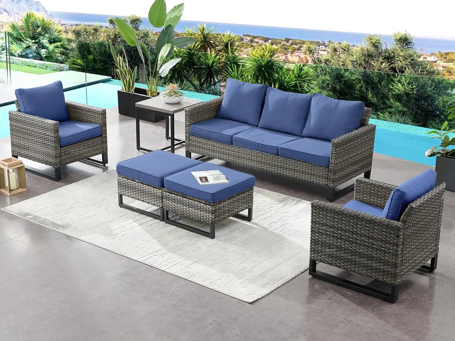 

Patio Furniture Outdoor Set All-Weather Wicker Outdoor Chairs with End Table Ottomans for Patio,Porch,Garden,Backyard