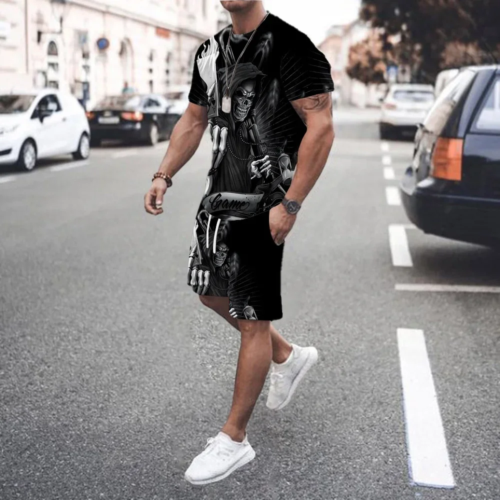 

Men's Suit Printed 3D Skull Pattern Oversized Men's Shirt Y2K Style T-Shirt Shorts Summer Leisure Sports Men's Running Suit