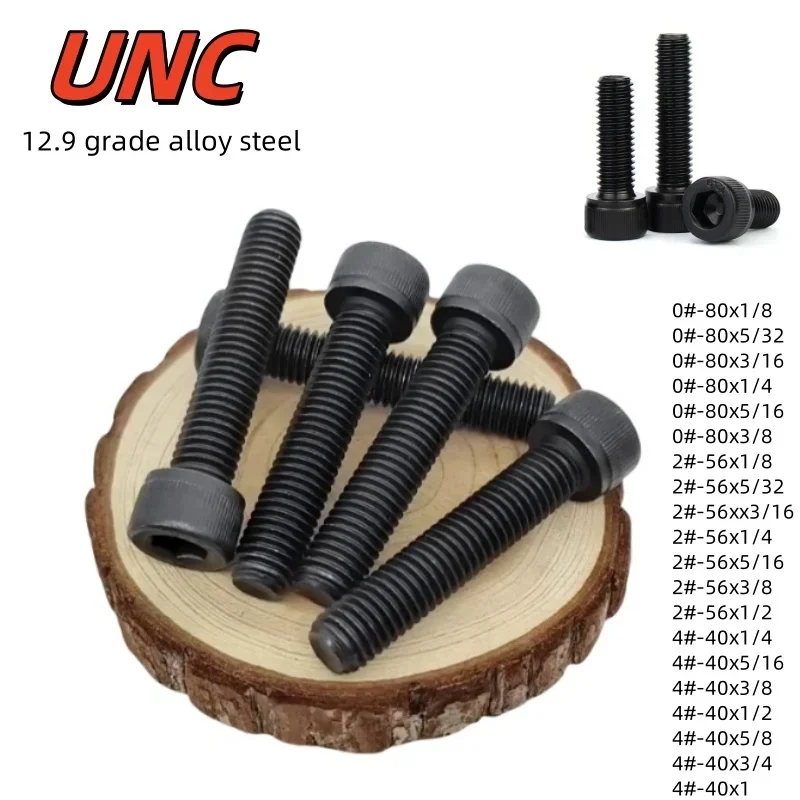 

30/50/100/200Pcs UNC Socket Cap Head Bolt 0#-80x1/8 2#-56x1/8 4#-40x1/4 Black Grade12.9Screws Furniture Hexagon Hex Socket Screw