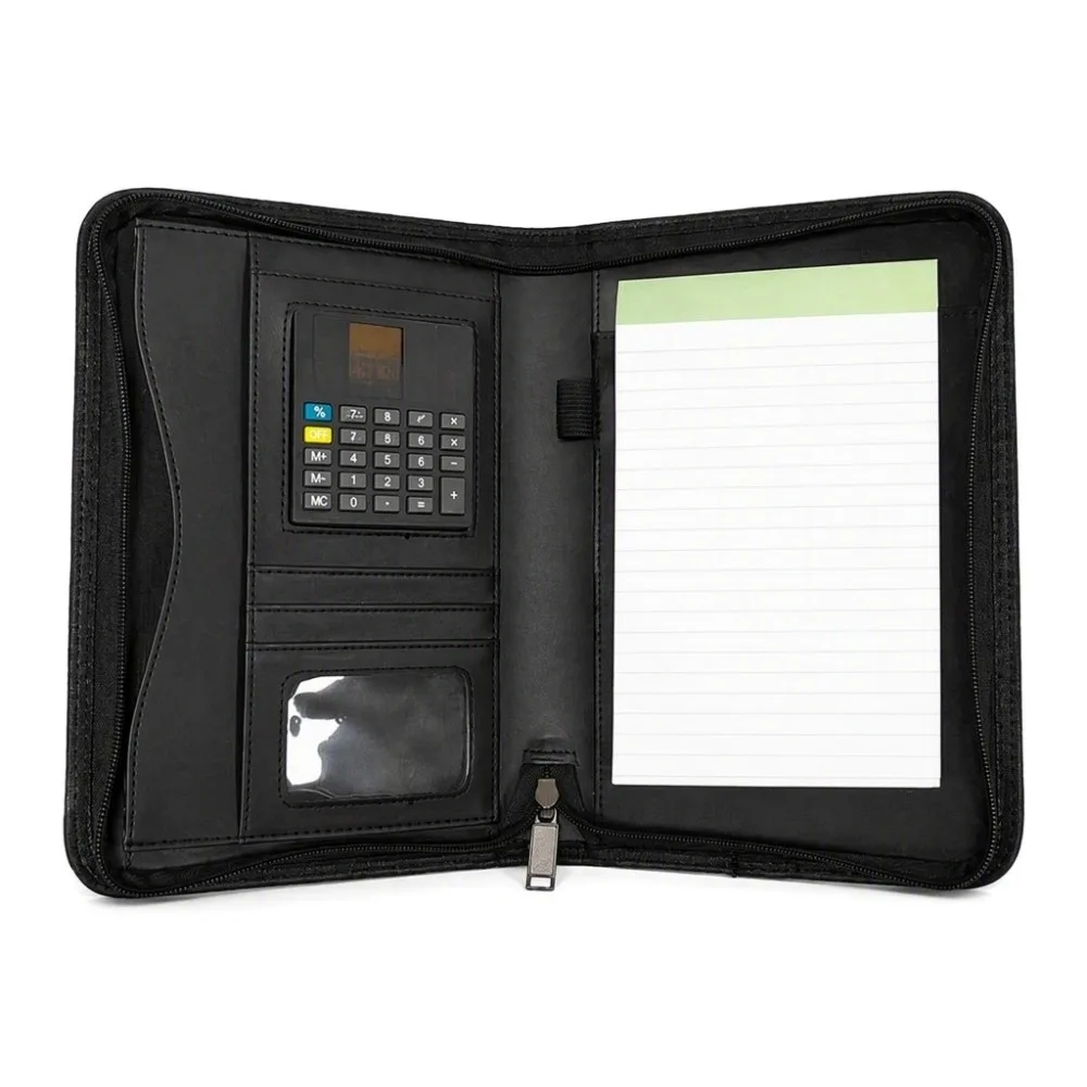 PU Leather Business Portfolio A5 Size Zippered Closure Document Organizer 3 Ring Binder Solar Calculator Writing Pad Portfolio