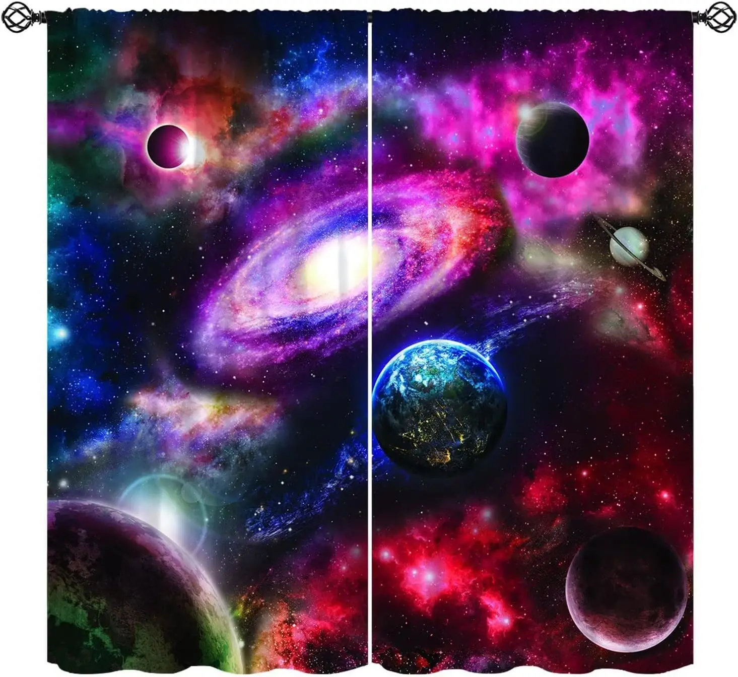 Blue Galaxy Curtains,Universe Star Planets Bright Cosmic Outer Space Decor Rod Pocket Window Treatments for Teen Kids Child
