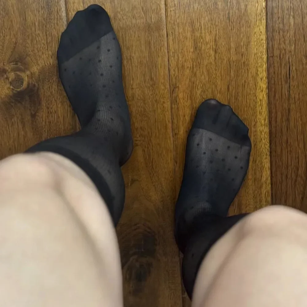 

2025 Men Socks Brand Business Formal Suit Dress Socks Man Sexy Round Dot Transparent See Through Long Socks Men Sheer Stockings