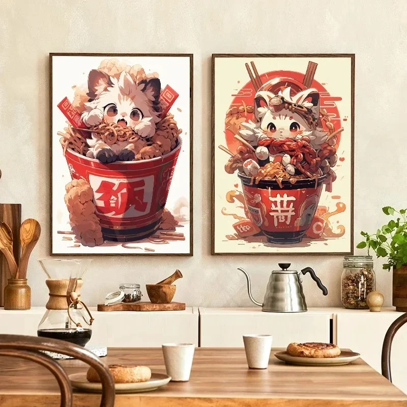 Japanese Noodle Dog Cat Posters Funny Ramen Noodles Kitchen Wall  Prints Canvas Painting Pictures For Restaurant Home Decor