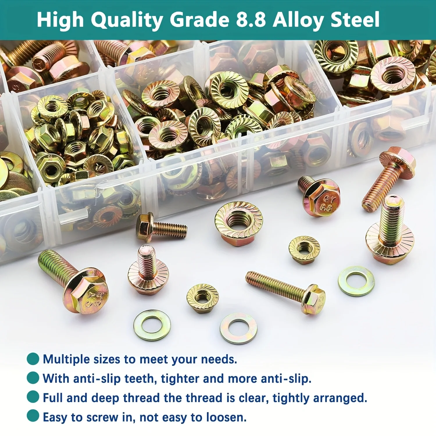 450 PCS M6 M8 M10 Flange Hex Head Bolts, Nuts, Washers Set, 8.8 Grade Alloy Steel, Galvanized Metric Flange Hex Screws Set