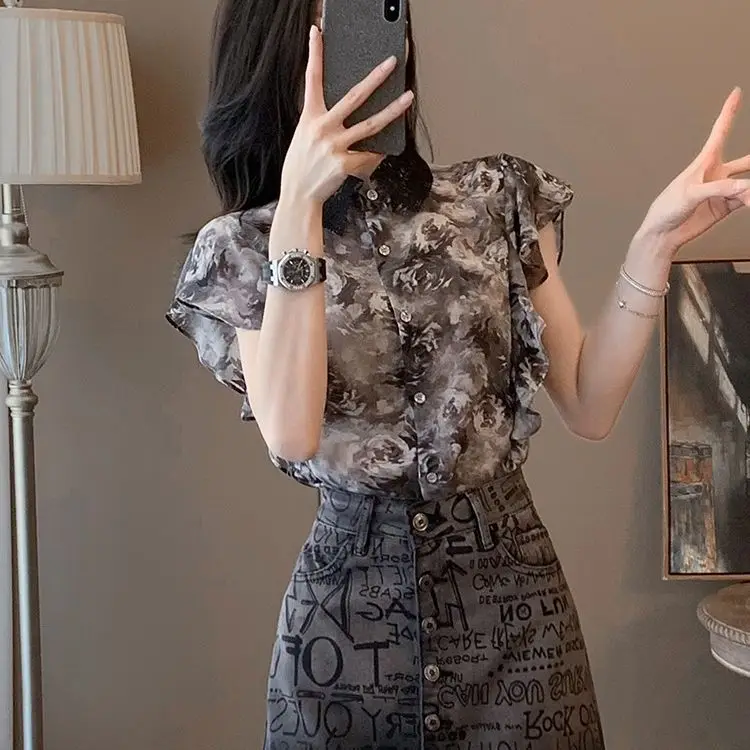 

Ink Painting Print Shirt Summer Lightweight Retro Loose Fit Versatile Japanese Style Short Sleeve Top