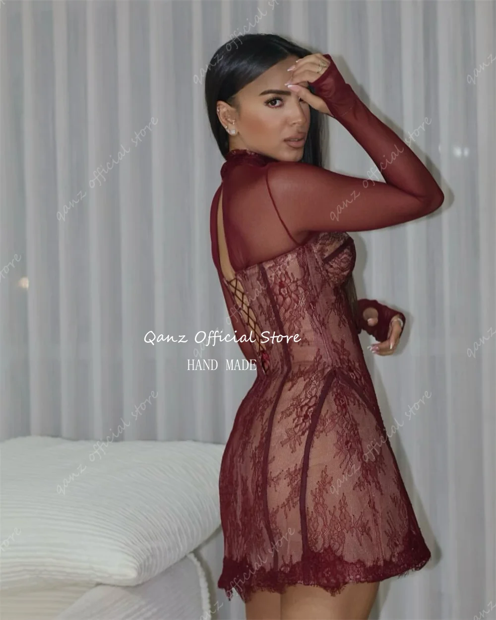 Qanz 2 piezas de vestidos de fiesta de encaje de manga larga vestidos de cóctel de novia pura ilusión corsé vestido de fiesta de cumpleaños personalizado