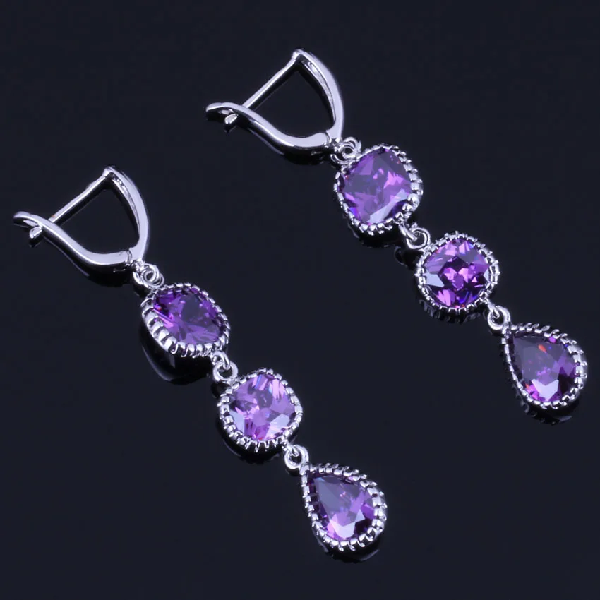 

Fabulous Water Drop Purple Cubic Zirconia Silver Plated Drop Dangle Earrings V0841