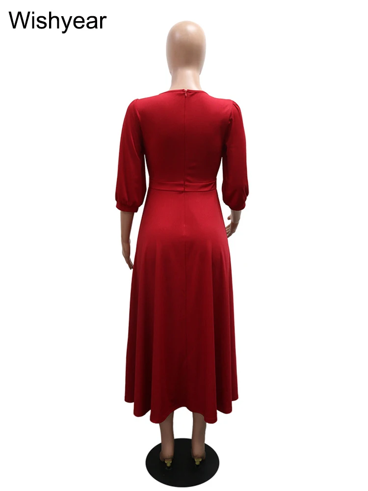 New Elegant Red 3/4 Sleeve O-neck A-line mid Dress for Women with 3D Flower African Rhinestones Office Lady Casual Autumn Robe