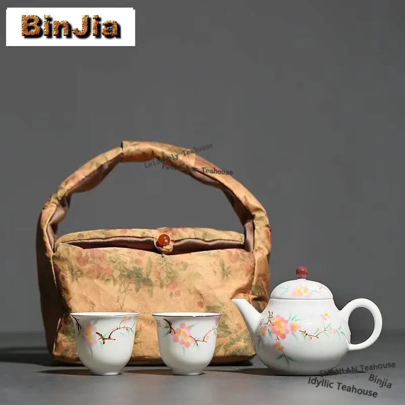 Hand-painted Peach Blossom Tea Pot Portable Travel Tea Set Kit Vintage 1 Pot 2 Cups Tea Maker Tote Bag Kung Fu Teaware Crafts