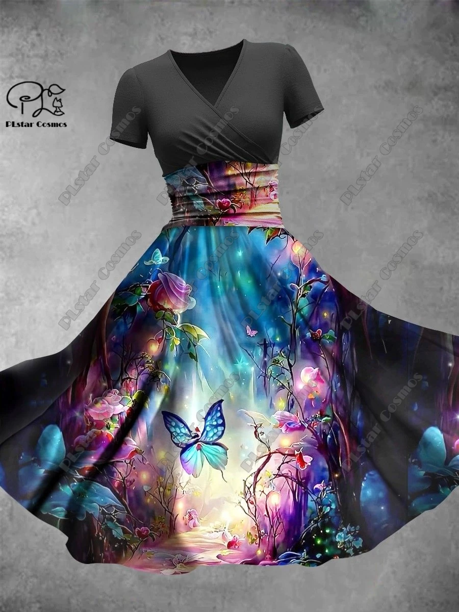 PLstar Cosmos 3D printed new flower butterfly series V-neck short-sleeved dress A-type long dress with love gift   H-2