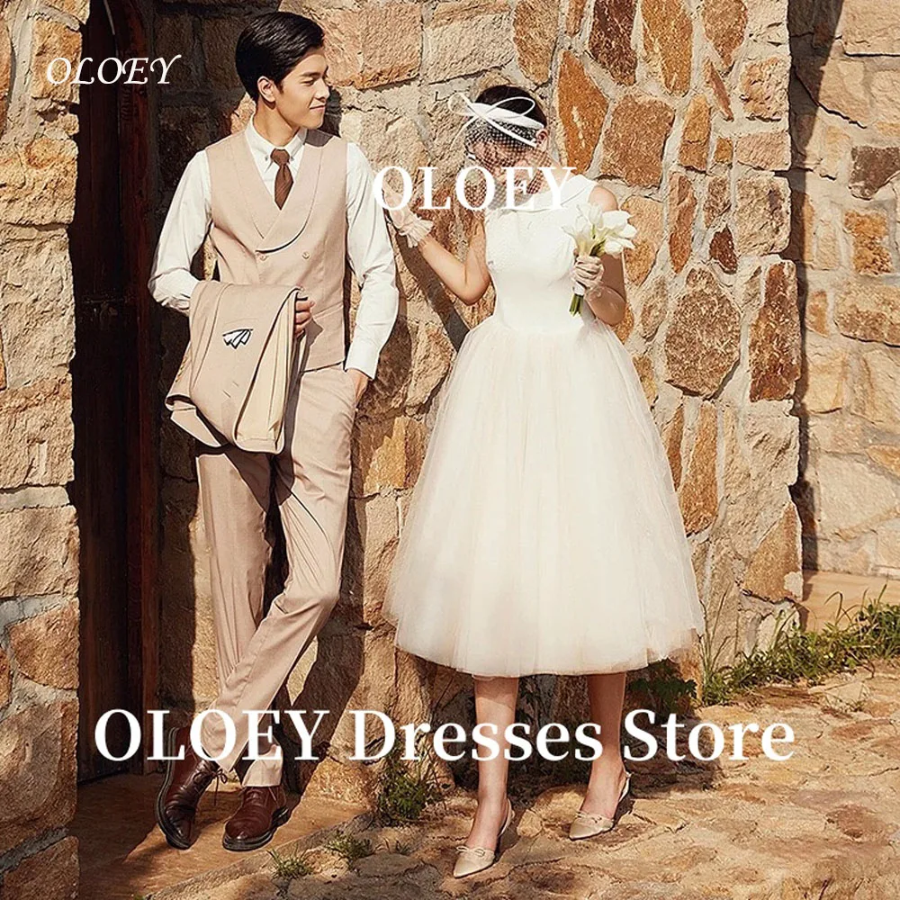 

OLOEY Classic A Line Tea Length Wedding Dresses Korea Photo shoot Scoop Neck Satin Top Vintage Bridal Gowns Customized