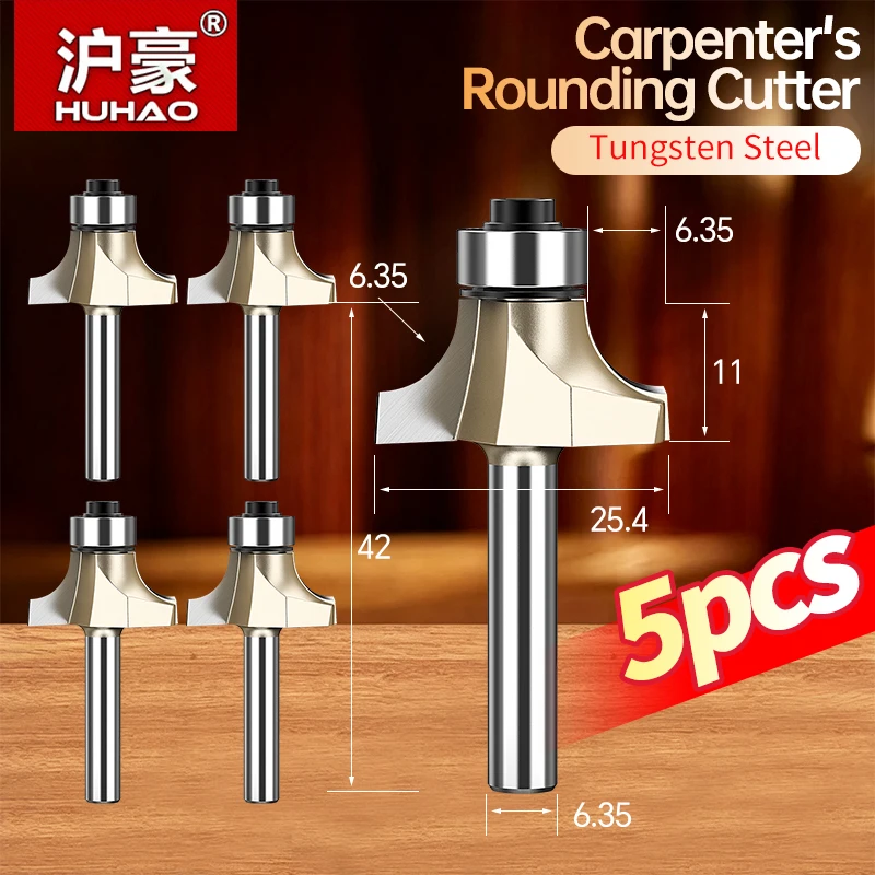 HUHAO 6.35mm 12.7mm Shank Fillet Cutter Chamfering Router Bit Tungsten Alloy Fillet Router Bit Trimming Machine Router Bit