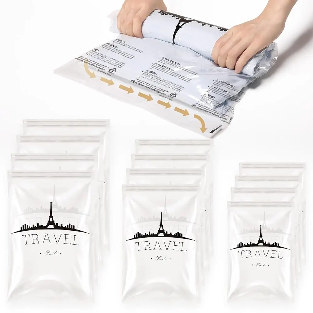 

TAILI 12pcs Roll Up Compression Bags Reusable Vacuum Storage Bags for Travel Organizer Saving Space in Suitcase No Pump Required