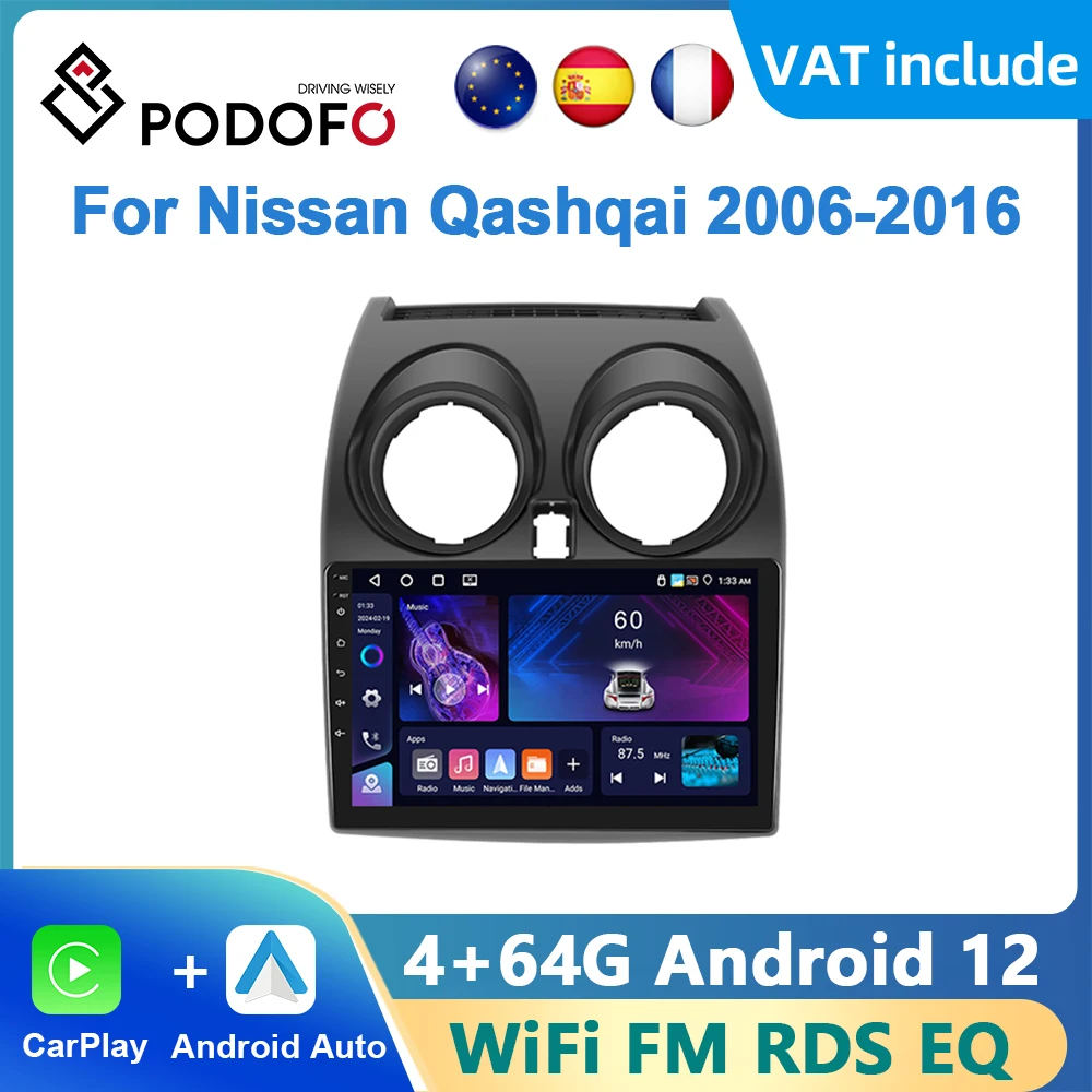 Podofo Android Carplay Car Radio For Nissan Qashqai 2006-2016 Android Auto Multimedia Player GPS Navigation RDS Radio