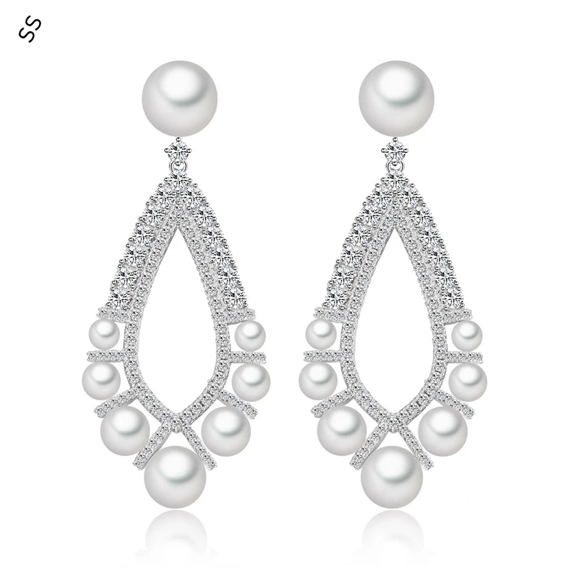 

Silver Earrings for Ladies Garment Accessories Fashion Micro-inlaid Gemstone White Zircon Jewelry Ear-pendant Pearl Ornaments