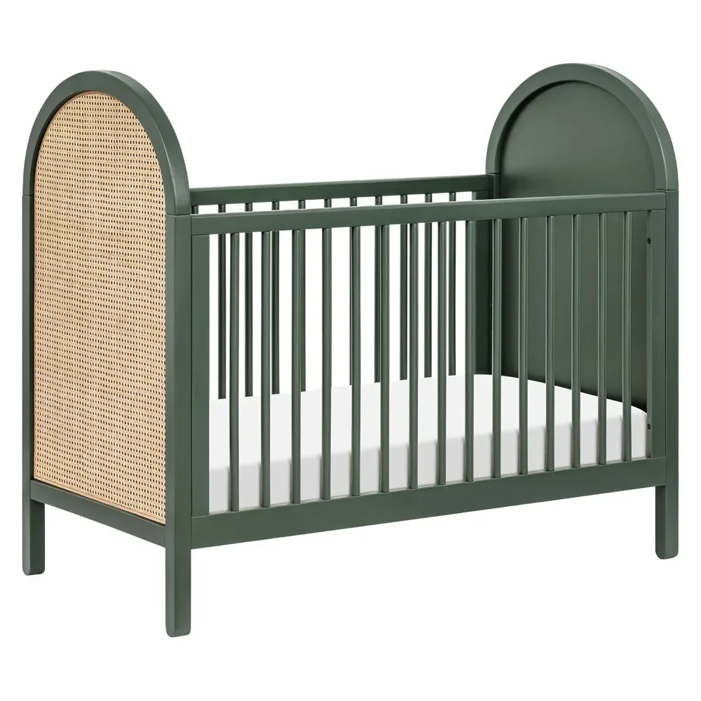 Bondi Cane 3-in-1 Convertible Crib with Toddler Bed Conversion Kit in Forest Green with Natural Cane