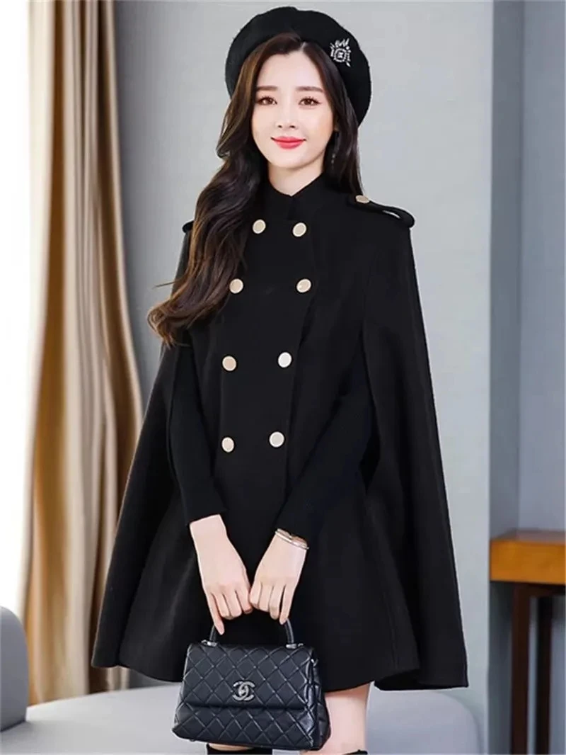 High End Cape Woolen Jacket Womens 2023 New Winter British Style Korean Loose Poncho Shawl Female Long Double Breasted Coat Top