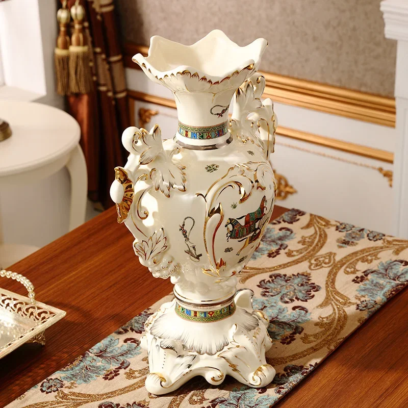 Large luxury European vase ornament, living room TV cabinet floor-to-ceiling ceramic handicrafts, retro home decoration