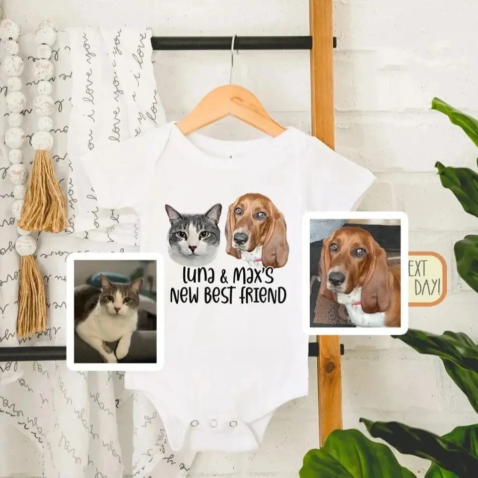 Custom Baby Bodysuit with Pet Portrait, Newborn Announcement, Dog-Themed Baby Shower Gift, My New Best Friend Sibling Bodysuit,