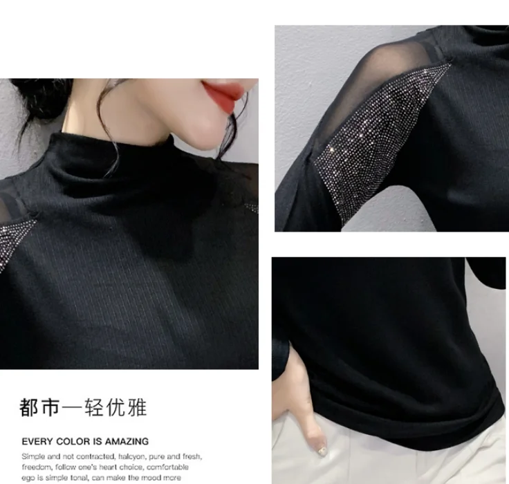 Autumn Winter bottoming shirt New Turtlenecks Long-sleeved diamond top Fashion Sexy Women Black T shirt