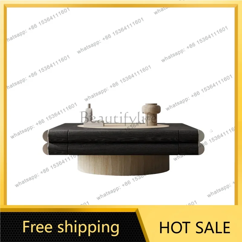 YJ Italian minimalist travertine rock slab coffee table designer living room home new retro black solid wood tea table