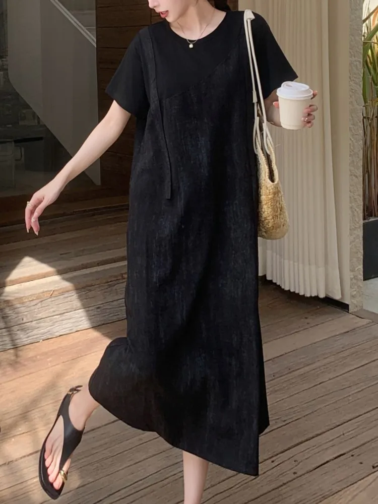 Summer Patchwork Black T Shirt Dress Women Loose Elegant Vintage Ladies Dresses Vestidos 2025 New