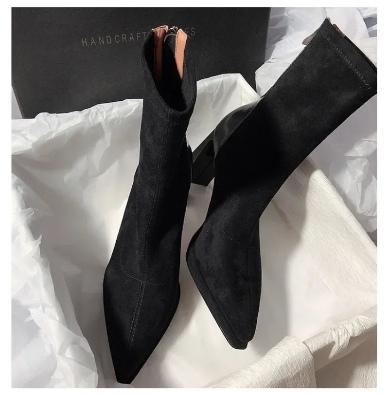 Luxury High Heels Women Suede Ankle Boots Sexy Pointed Toe Shoes Autumn 2024 Trend Party Pumps Zipper Platform Goth Botas Mujer