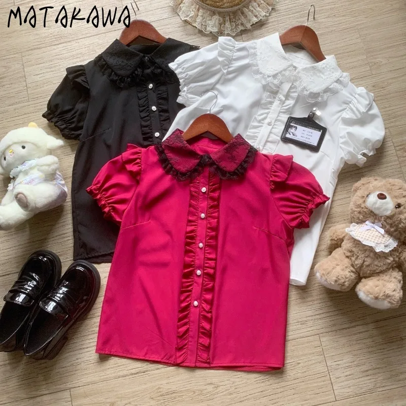 

Matakawa Japanese Style Blouses Ruffles Vintage Lolita Spring Summer Women Shirts Sweet Girls Peter Pan Collar Blusas Mujer