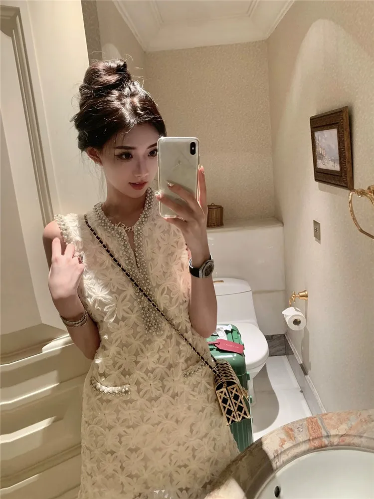 Celebrity Luxury Palace Style Party Dress Beads Sleeveless Women Summer Fashion Short Tank Dress Mesh Tassel Elegant Mini Dress