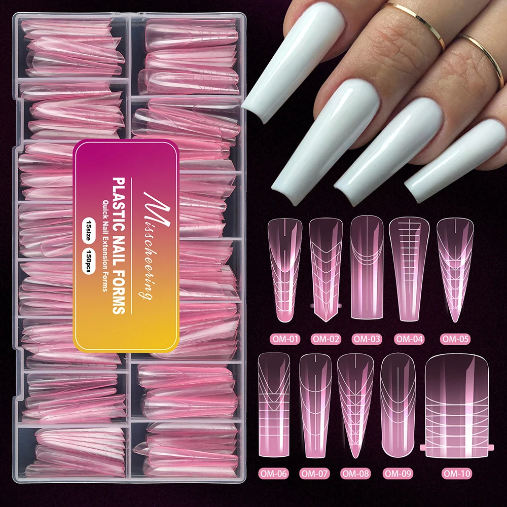 

150Pcs Clear Pink Nail Forms Mold Building Full Cover Long Square Flat Nail Molds Form Gel Polish Extension Nail Tips Reusable