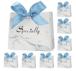 20/50 Pcs Small Party Gift Bags, Marble Mini Thank You Bags with Blue Bow Ribbon, 4.5x1.8x3.Inches, Paper Favor Bags for Wedding
