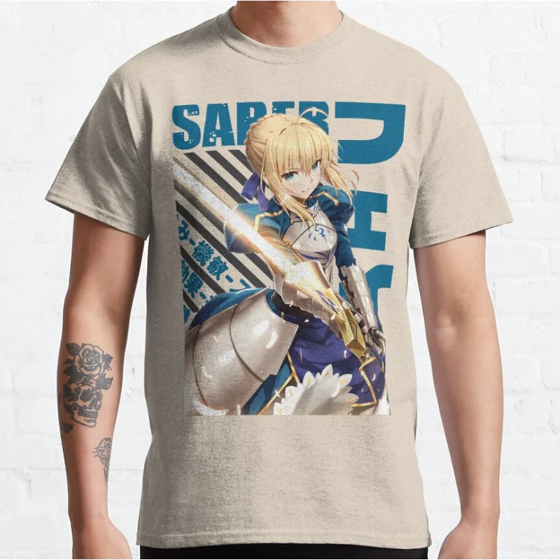 لطيف أنيمي صابر kawaii لعبة فيديو مصير البقاء ليلة قصيرة الأكمام Crewneck تي شيرت للرجال حجم كبير الكبار بلايز S-6xl