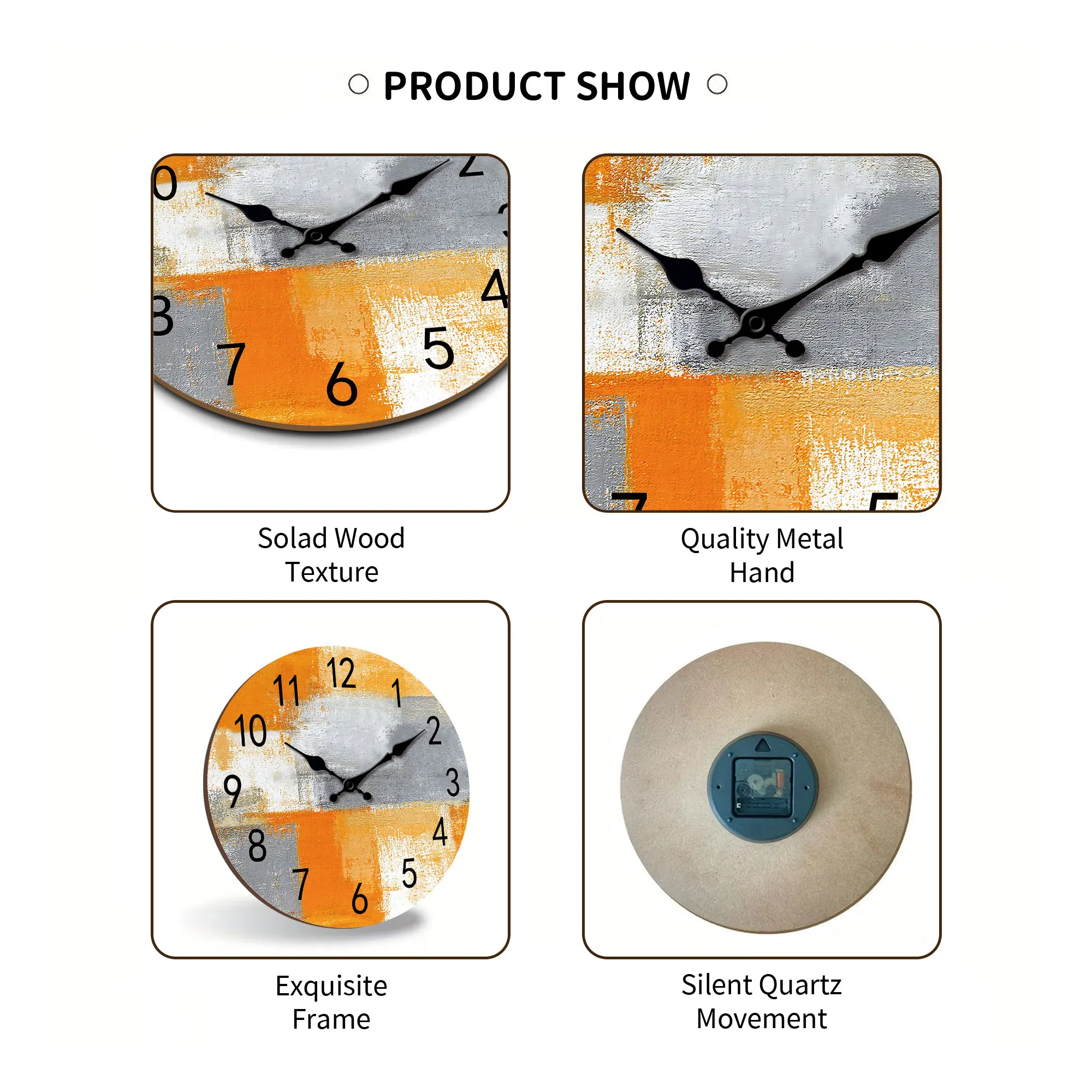 Abstract Orange gray oil painting wall clock, silent non-ticking wooden silent clock, suitable for living room bedroom, room dec