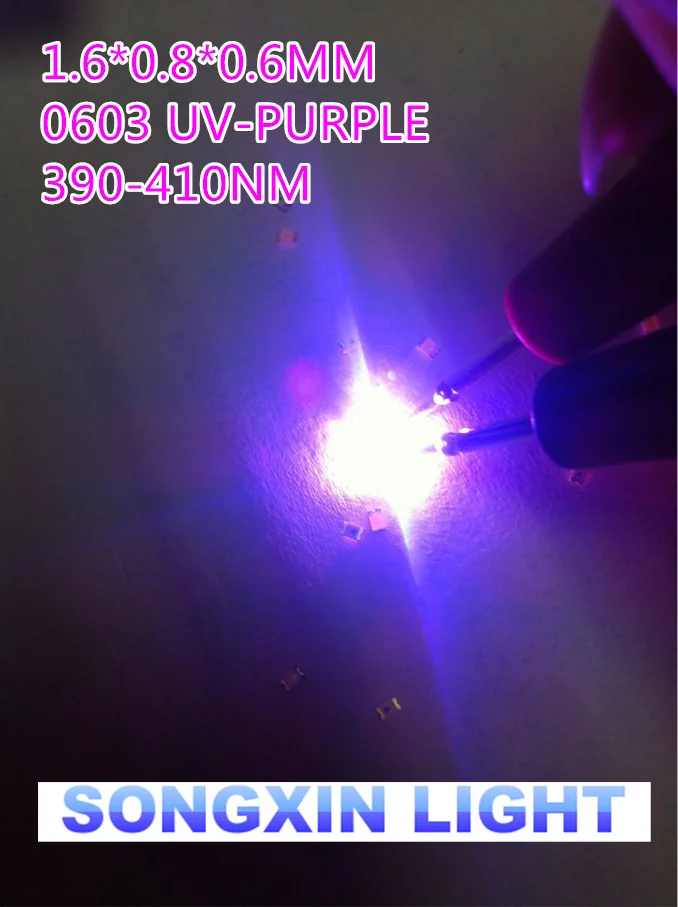 100 sztuk kolor UV/fioletowy 0603 SMD SMT Super jasna lampa LED diody elektroluminescencyjne nowy wysokiej jakości 390-410nm 1.6*0.8*0.6mm