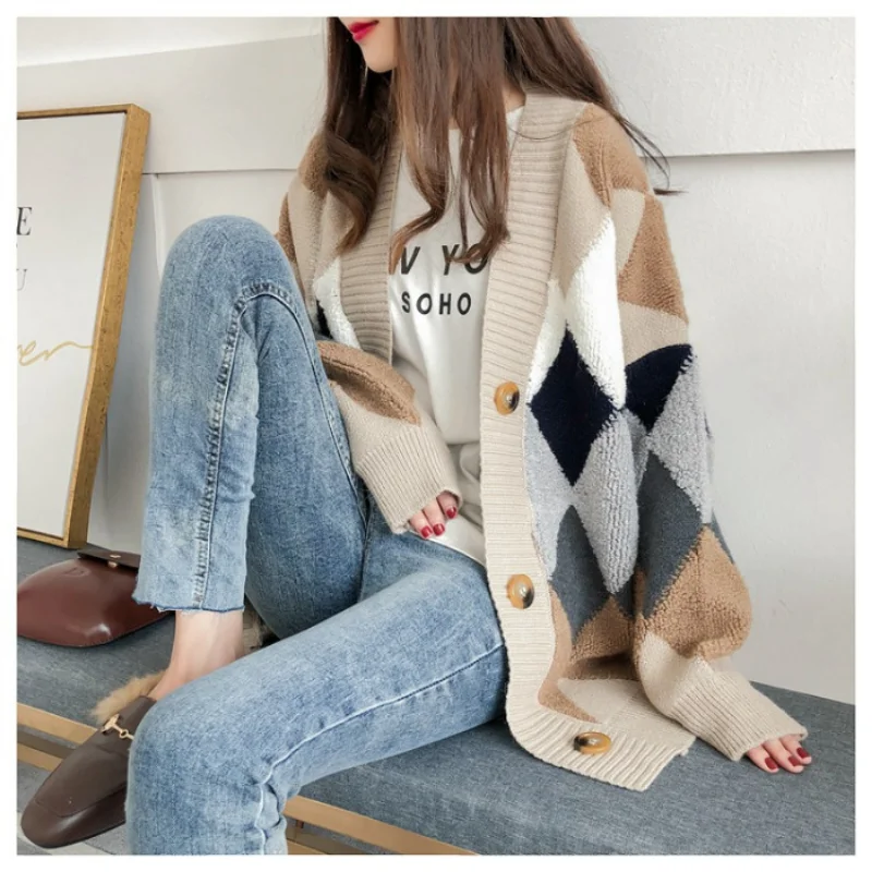 New Korean Sweater Cardigan Women's Loose Top Lazy Wind Thick Women's Sweater Cropped Cardigan