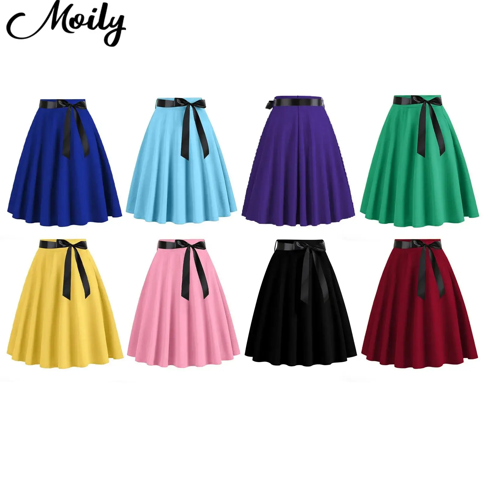 

Womens Ladies Retro Swing Skirt with Ribbon Belt Solid Color A-line Midi Skirt for Casual Daily Office Cocktails Party Clothes