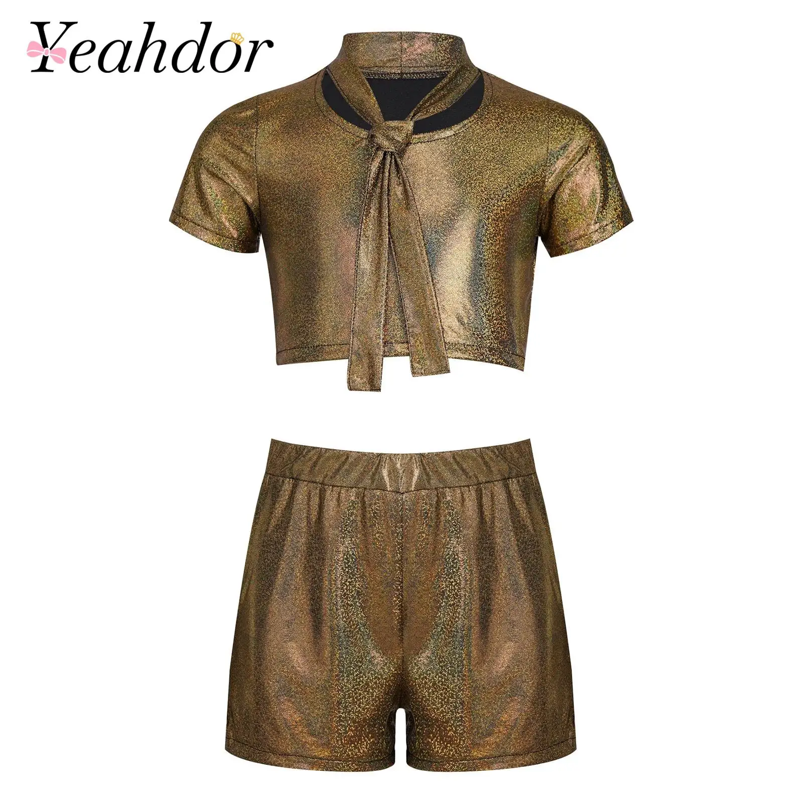 Kids Boys Girls Metallic Dance Outfit Children Short-sleeve Necktie T-shirt + Shorts Suits for Hip Hop Cheerleading Performance