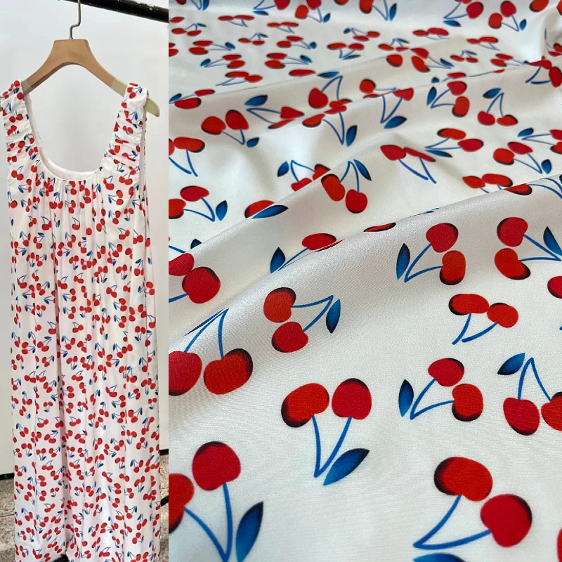 135CM Wide 18MM Red Cherry Printed White Silk Crepe de Chine Fabric for DIY Sewing Dress Pants Pajamas Cheongsam Odai R5021